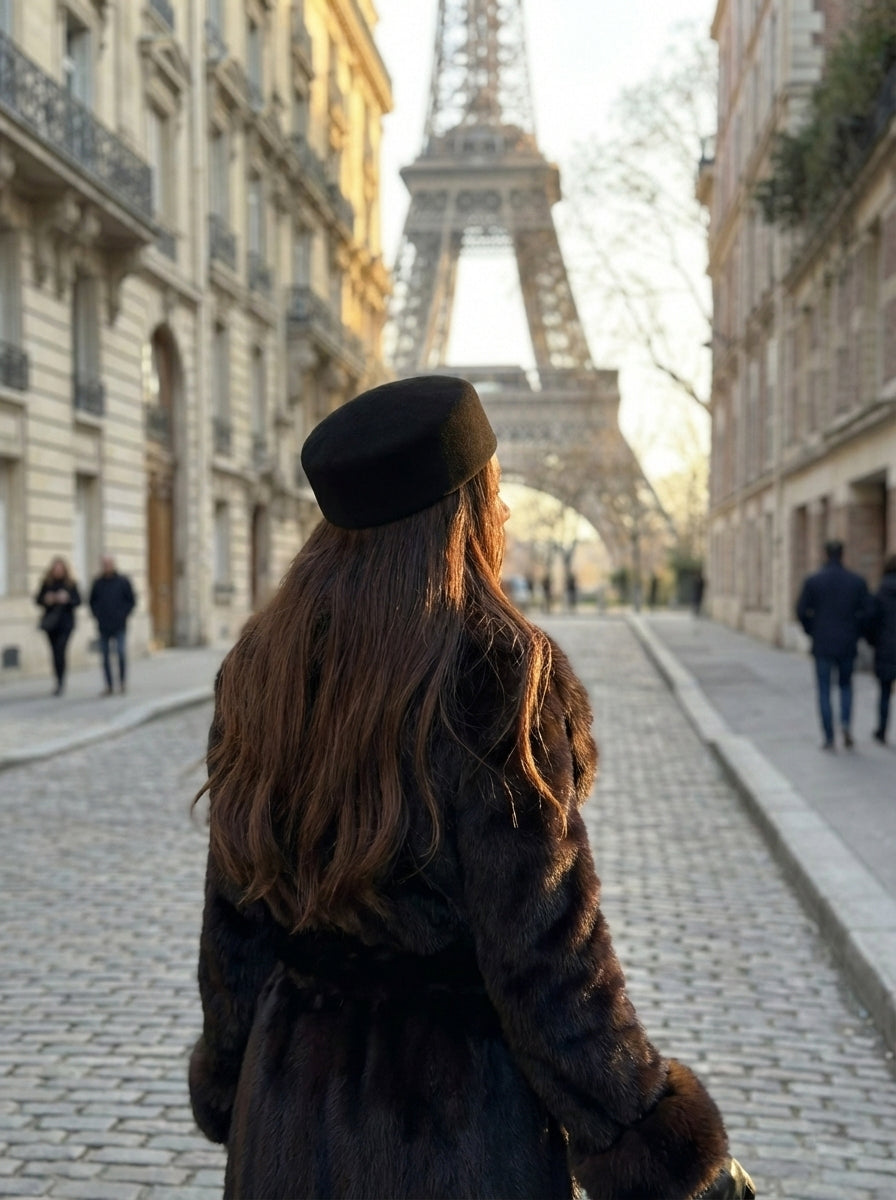 Person walking towards the Eiffel Tower in Paris