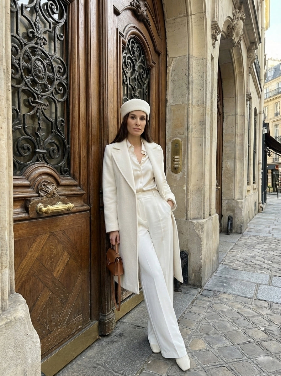 Woman in a white outfit standing in front of an ornate wooden door.